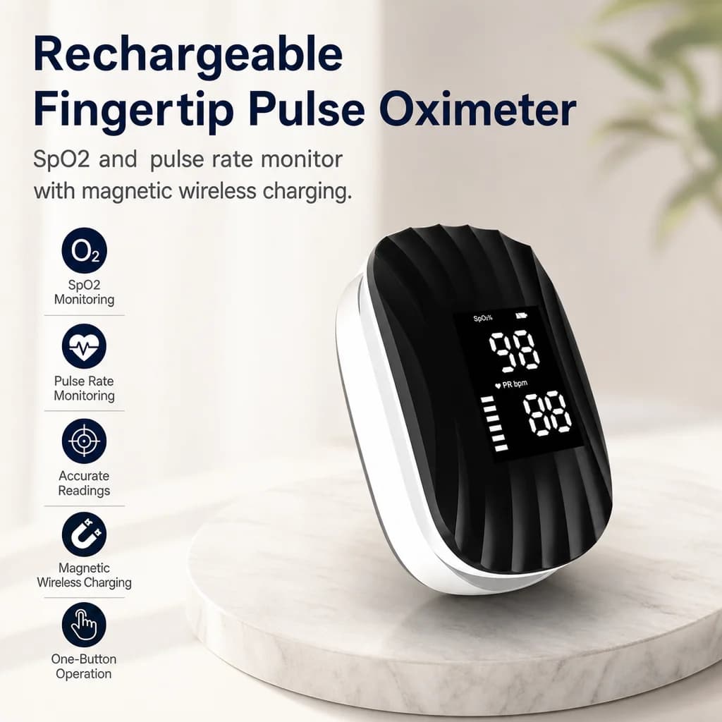 AiQUE Rechargeable Fingertip Pulse Oximeter LED Display Magnetic Wireless Charging Medical SpO2&Pulse Oxygen Saturation Monitor