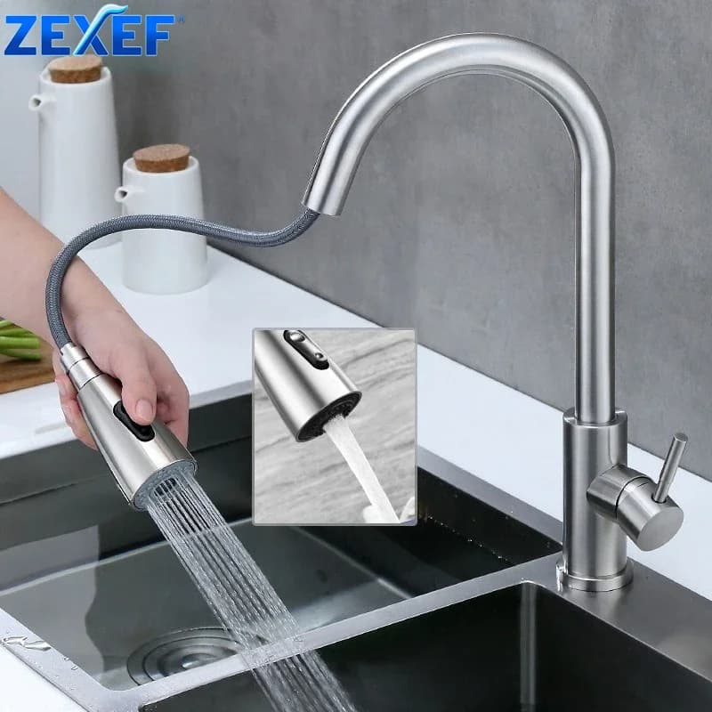 ZEXEF Rubinetto articolato in acciaio inossidabile 304 Rubinetto miscelatore lavello da cucina Solo foro singolo Beccuccio estraibile Spruzzatore a flusso Rotazione a 360°