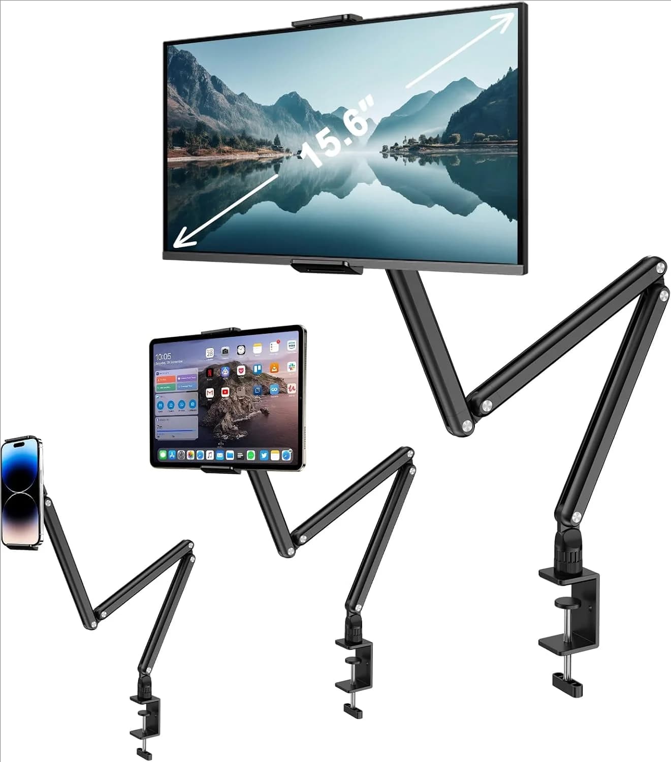3Arm Aluminum Alloy Tablet Stand,Adjustable Arm Holder For Portable Monitor 4.7-15.6'' For iPad 10/9th, iPad 13/12.9/11''Series