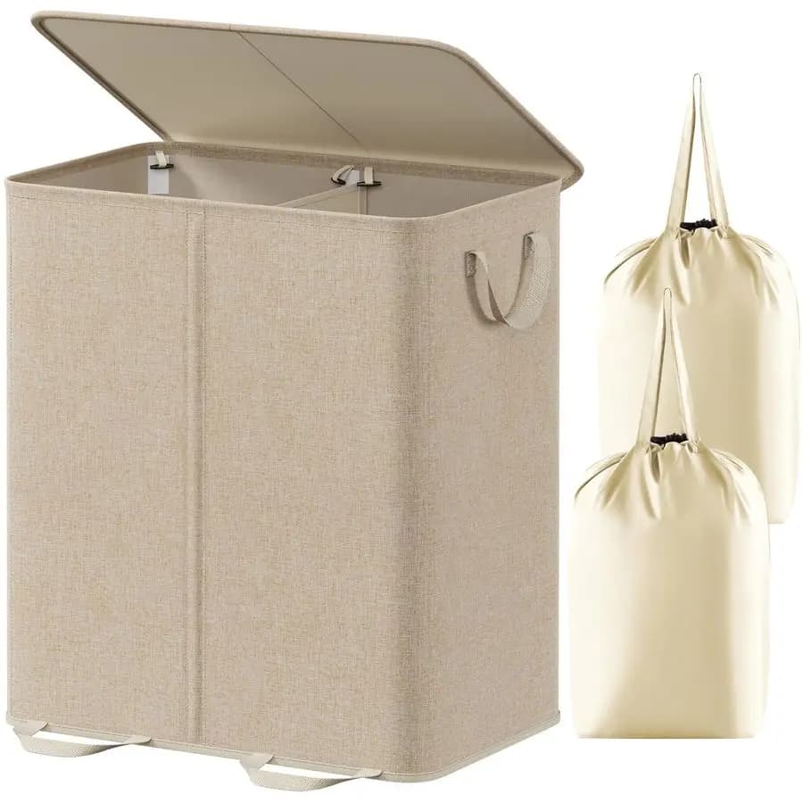 Double Waist Basket with Removable Cover and Bags, Large Foldable Basket with 2 Parts for Garment Dresses