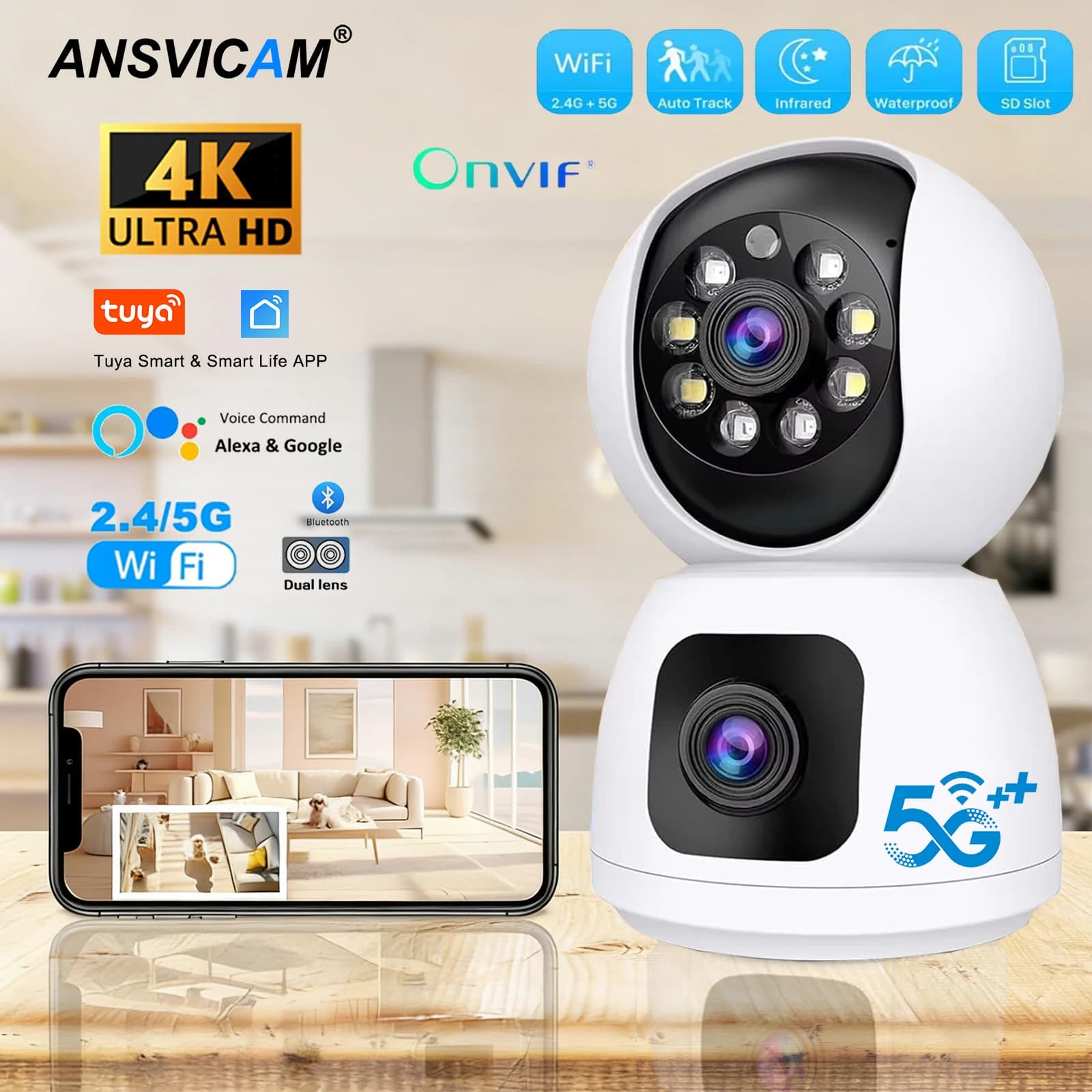 Tuya 4K 8MP HD WiFi Telecamera interna Doppio schermo Baby Monitor Telecamera per visione notturna a colori PTZ Telecamera di sicurezza domestica con tracciamento automatico