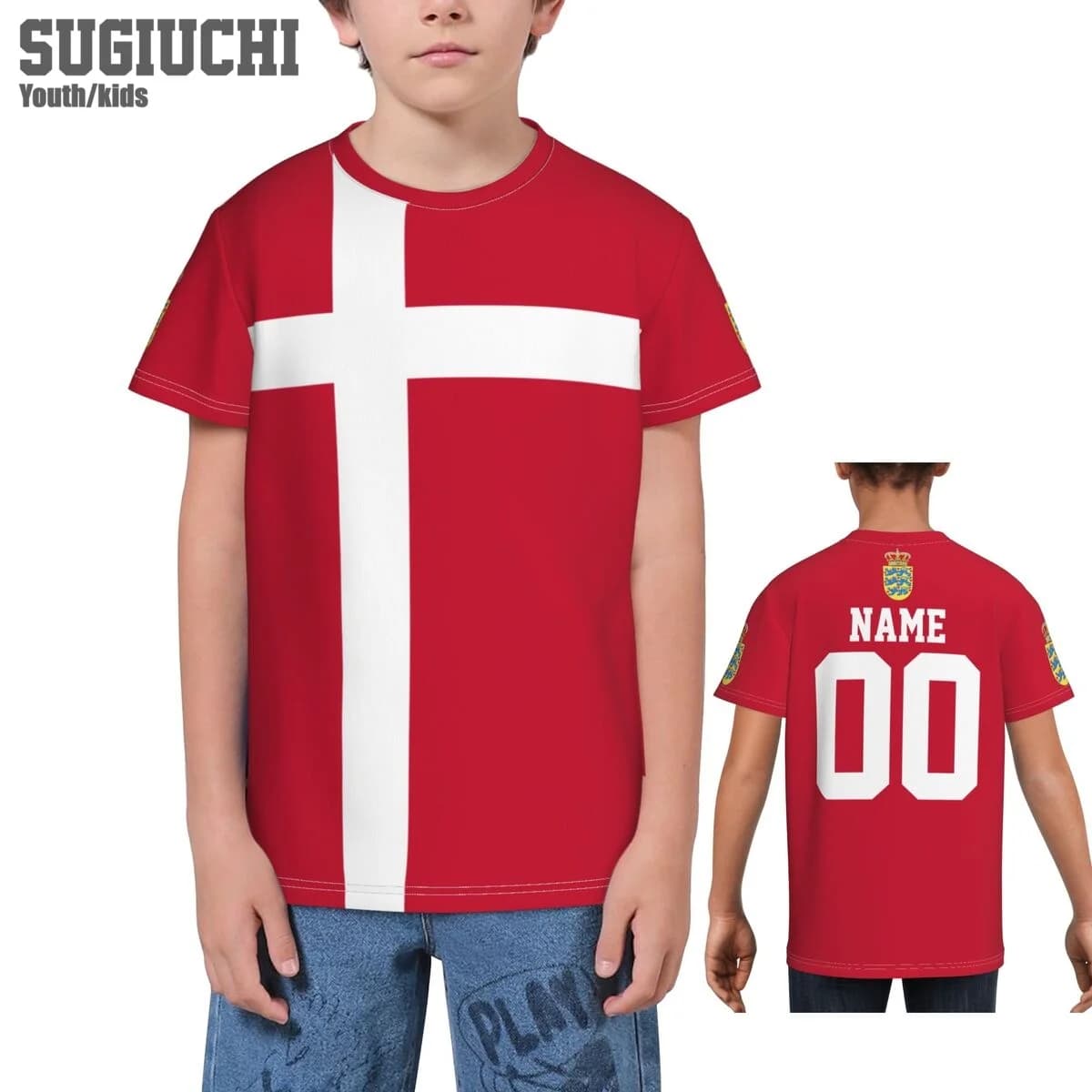Magliette 3D con nome e numero personalizzati, emblema della bandiera del Danimarca, per bambini, ragazzi e ragazze, magliette per tifosi di calcio, regalo per tifosi di calcio