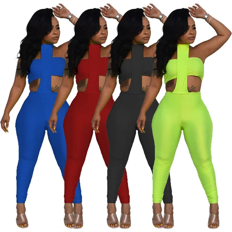 Sexy Strapless Crop Top Lace Up Slim Tight Pants 2 Piece Set Woman Solid Sleeveless Backless Clothes Summer Women Streetwear