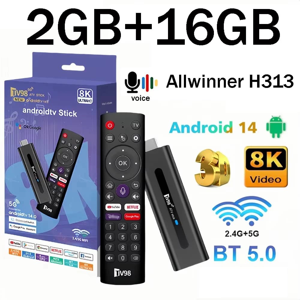 TV98 ATV Smart TV Stick Android 14 ATV Allwinner H313 Support 4G 5G Wifi HD 4K 8K TV Box BT5.0 2GB 16GB TV remote voice box