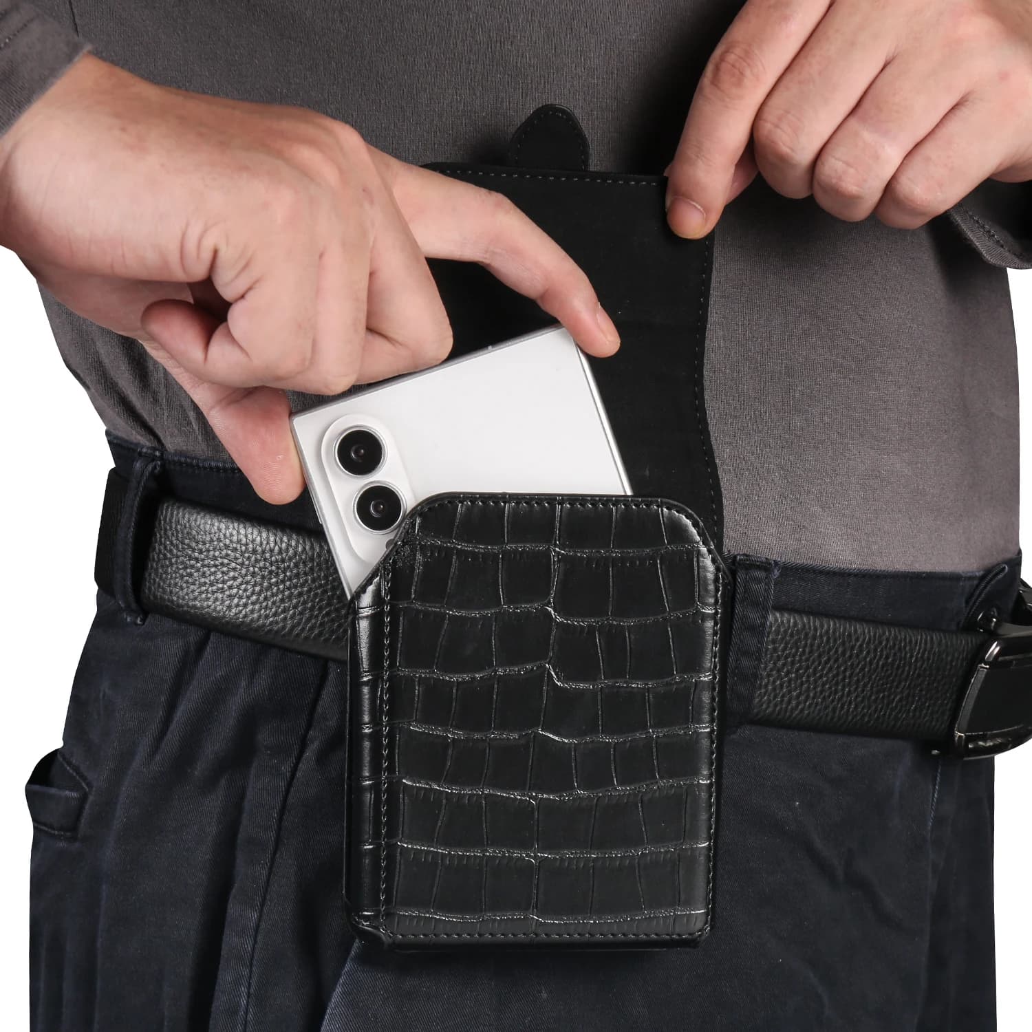 1Pc Magnetic Crocodile Leather Belt Clip Phone Case For Sansung Galaxy Z Fold 8 iPhone Fold HUAWEI Pura X Max Men Belt Flip Case