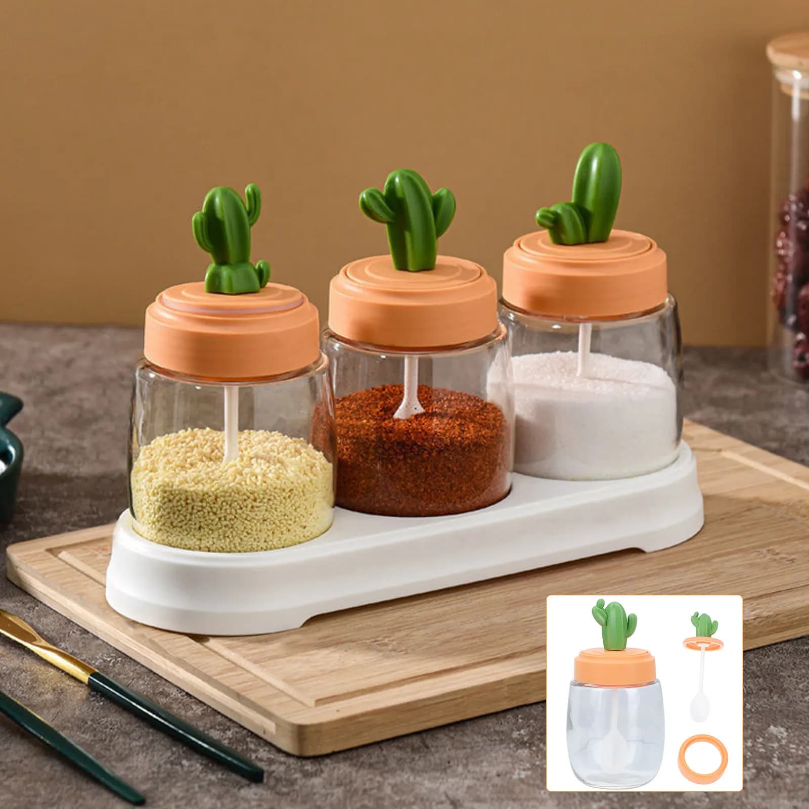 Set di 3 contenitori per spezie in vetro e plastica, barattoli compatti sigillati per la conservazione degli condimenti, organizer da cucina