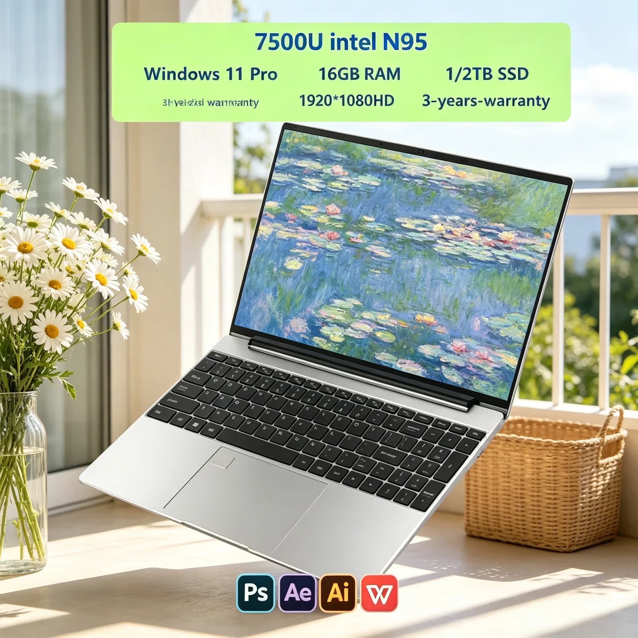 Laptop 14.1" 120Hz con Intel N95, 32GB RAM, 2TB SSD, Sblocco con Impronta Digitale, Tastiera Retroilluminata, Windows, Notebook Portatile