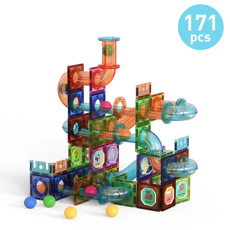 Pista Magnetica per Tubi Colorata da 171 Pezzi | Set di Piastrelle Trasformabili 3D Bucket Pack | Gioco di Costruzione STEM per Bambini con Biglie e Blocchi