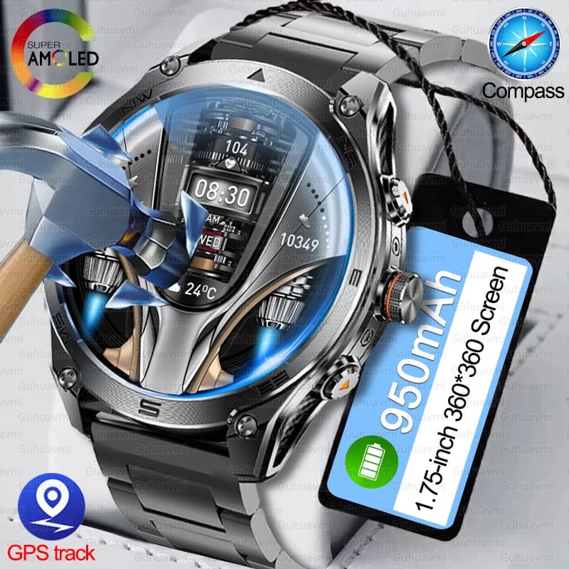 2025 New GPS SmartWatch 1000Mah Battery Compass 10ATM Pockets Waterproof Sports Flashlight Frequency Cardiaca BT Call Smart Watch For Men