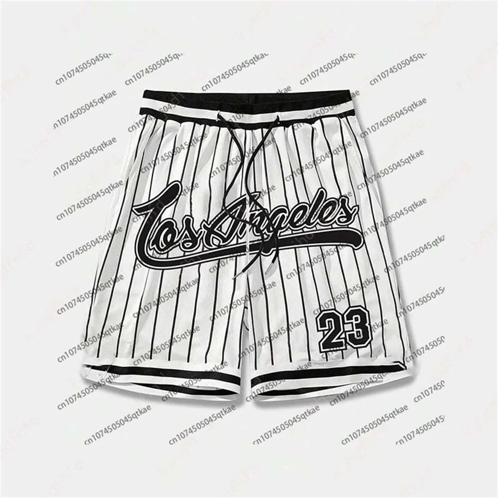 Los Angeles 23 Pantaloncini larghi da uomo con coulisse Pantaloncini con stampa 3D a righe ad asciugatura rapida per pantaloncini da basket oversize casual unisex estivi