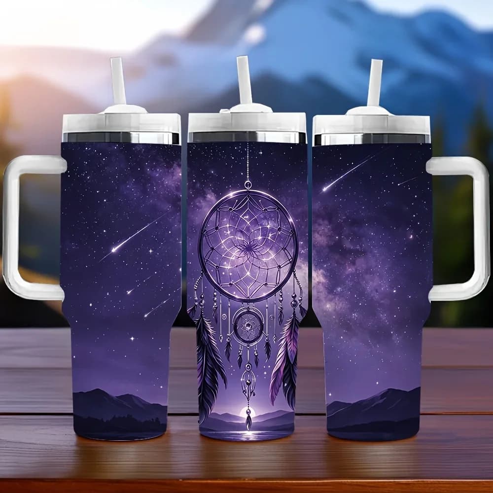 40oz Long Lasting Insulated Tumbler with Handle, Printed with Purple Starry Sky Dreamcatcher and Meteor, Perfect Holiday Birthday Gift for All People, Suitable for Daily Use and Outdoor Activities