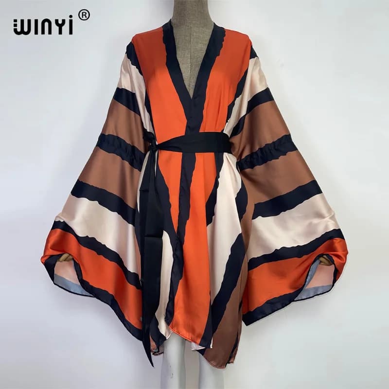 2022 WINYI Summer Beach Wear Swim Suit Cover Africa sweet lady boho Cardigan stitch Self belt sexy Holiday Kimono manica lunga