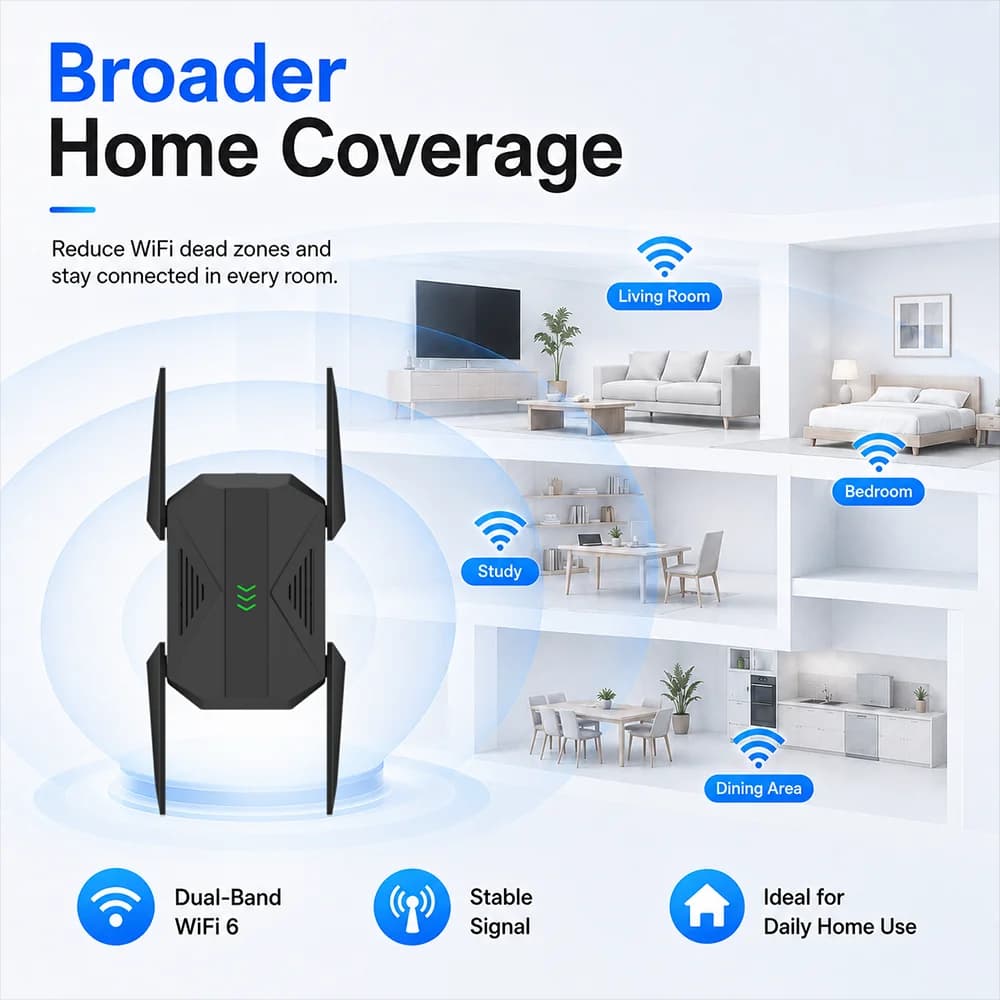 1800Mbps Dual Band WiFi Repeater WiFi Signal Booster 5.8GHz 2.4GHz Wireless Range Extender with 4 Antennas Gigabit Ethernet Port