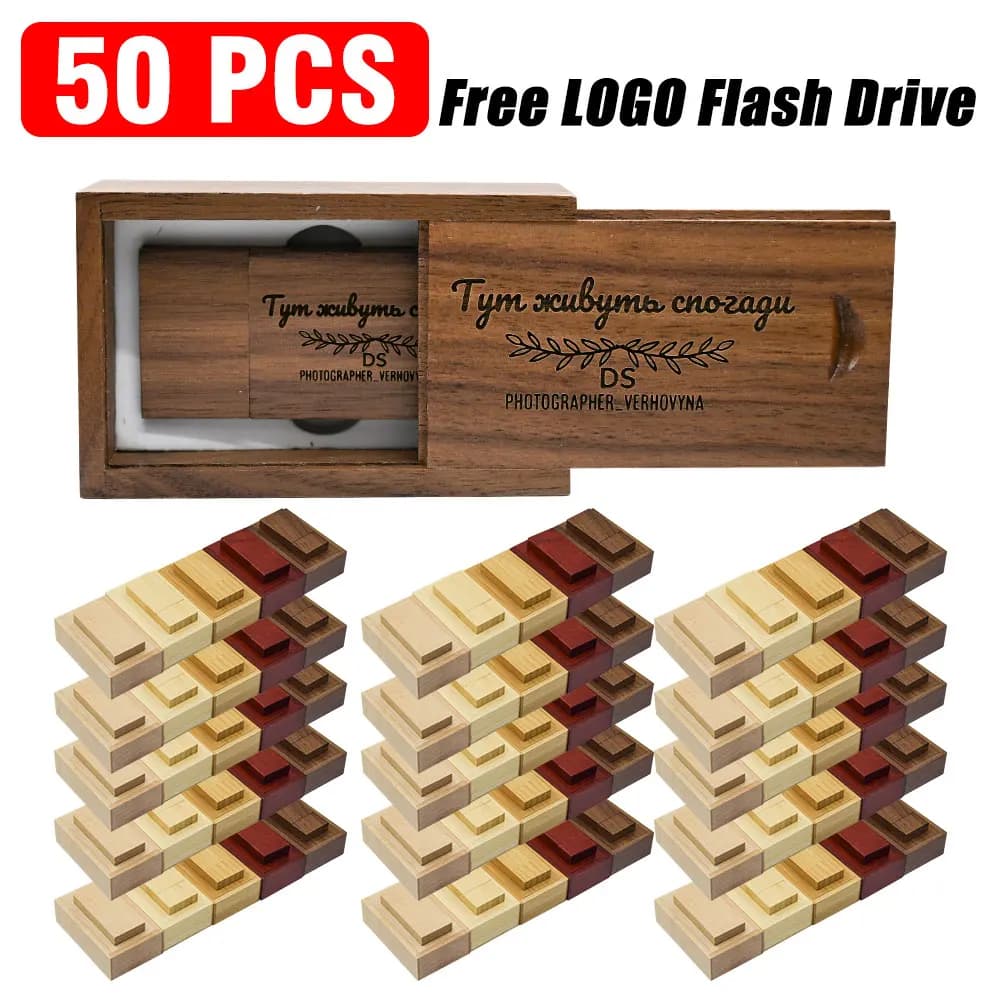 50 pz/lotto Chiavetta USB 2.0 in legno personalizzabile con logo, 16GB 32GB 64GB 128GB, per fotografia e regali di matrimonio