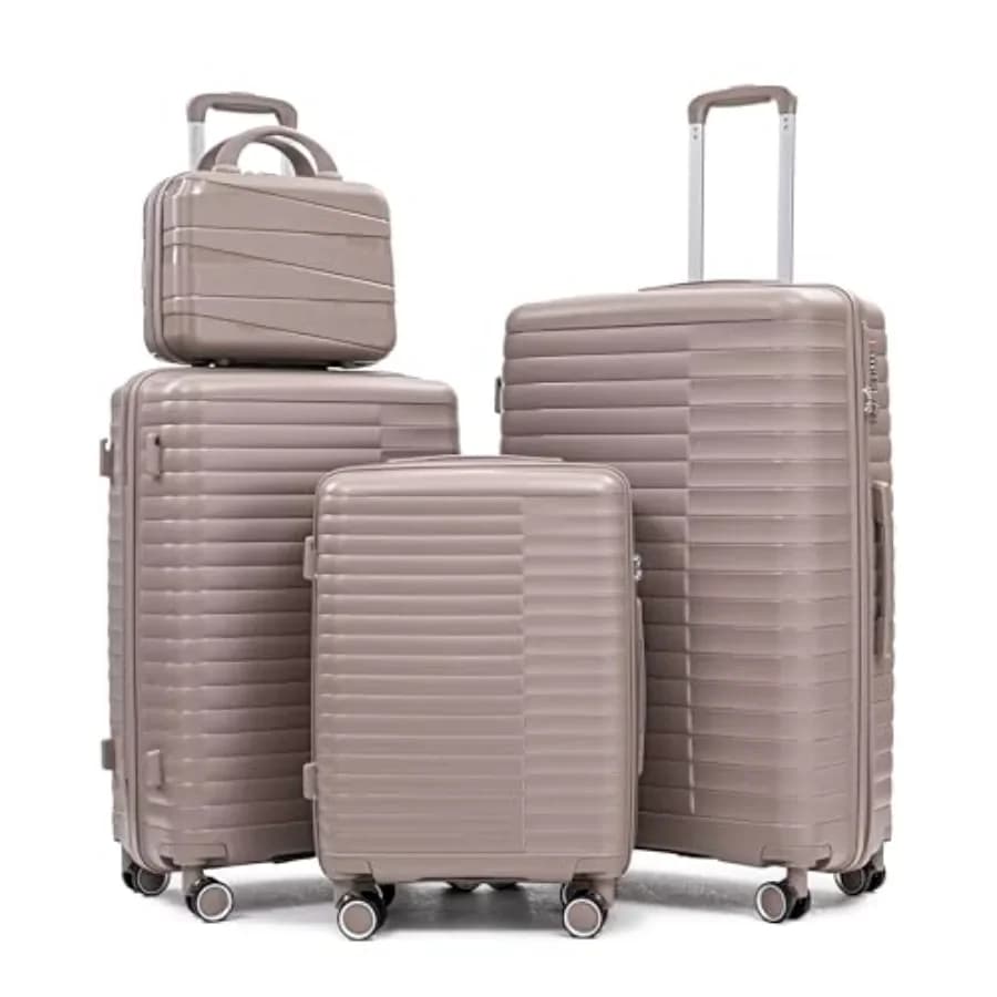 Hardside 4-piece luggage sets for travel, lightweight polycarbonate wave-textured suitcase with 360 spinner wheels, black, ultr
