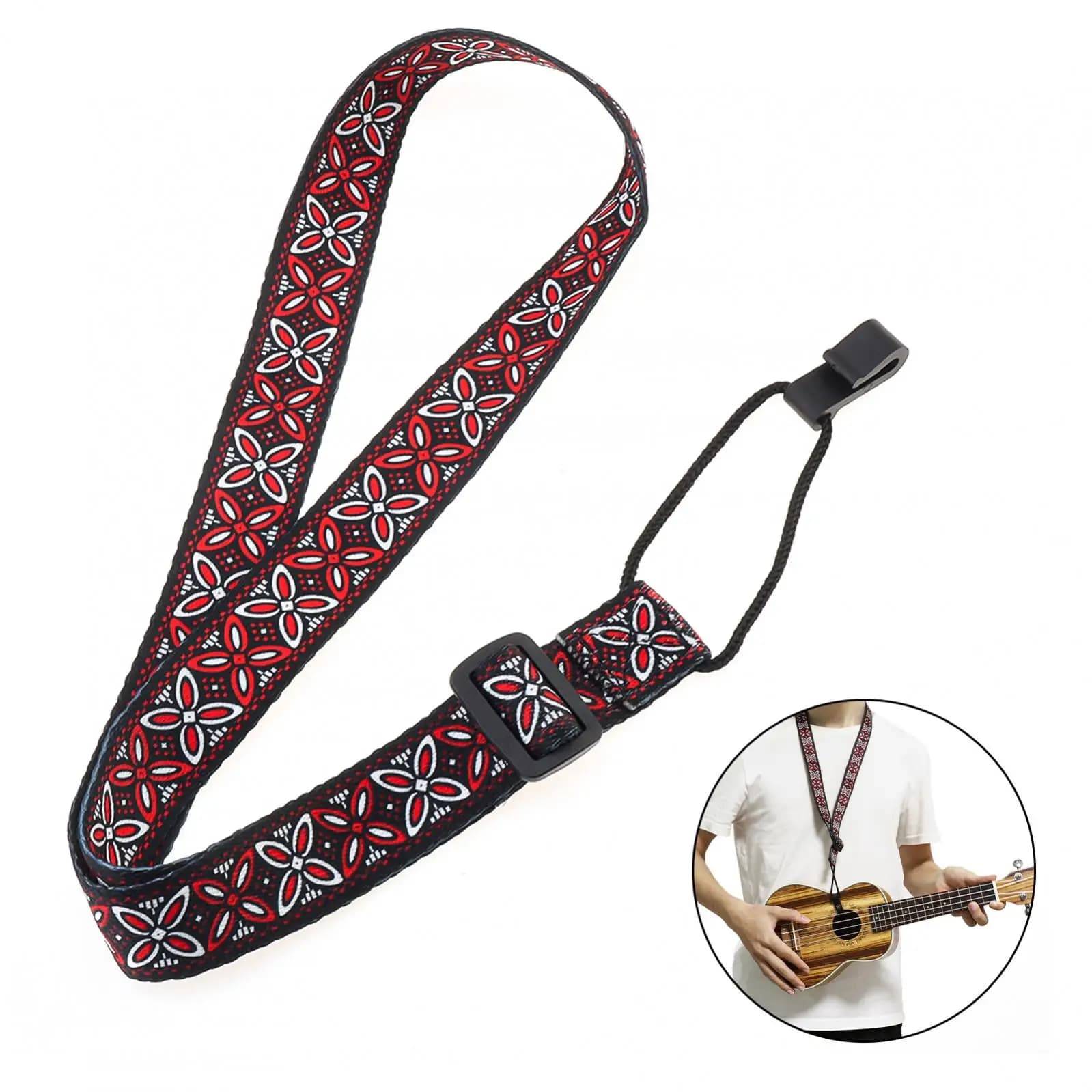 Tracolla per Ukulele Regolabile con Clip, Stile Etnico, Motivo Farfalla e Fiori, per Ukulele a 4 Corde