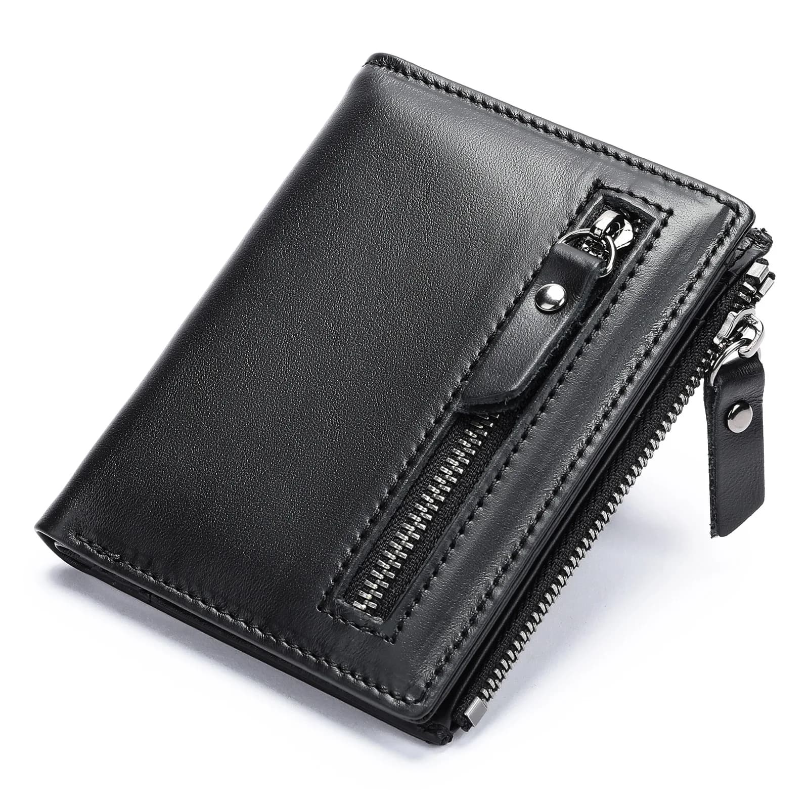 Compact Men Genuine Leather Wallet RFID Blocking Multi Card Holder Purse Retro Cow Leather Zipper Coin Pocket Bifold Money Clip