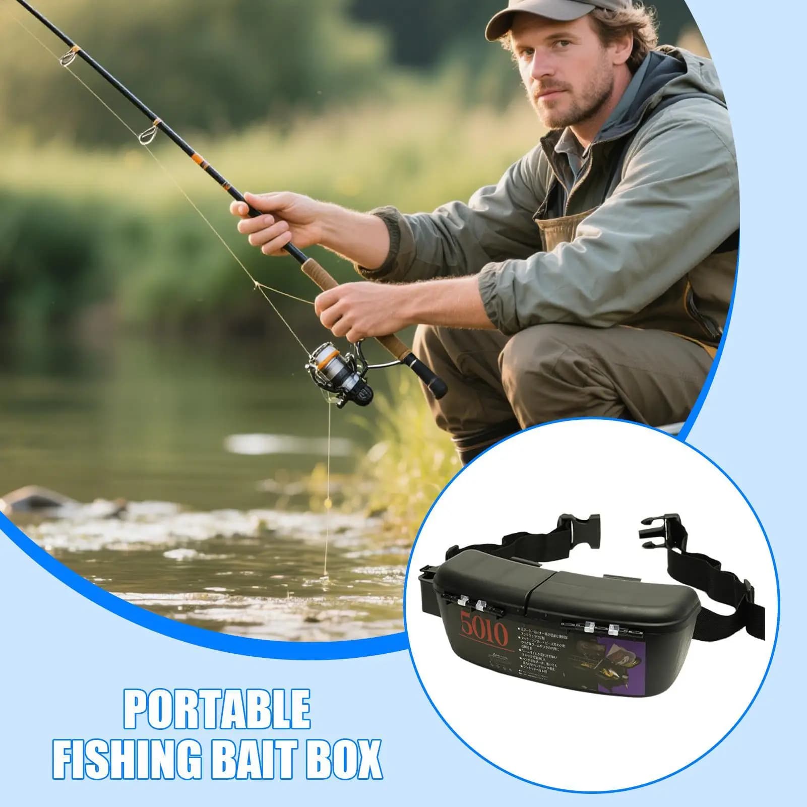 Wearable waterproof fishing bait box, Ergonomic organizer for life equipment for angle kayak, fresh water salt water adventure