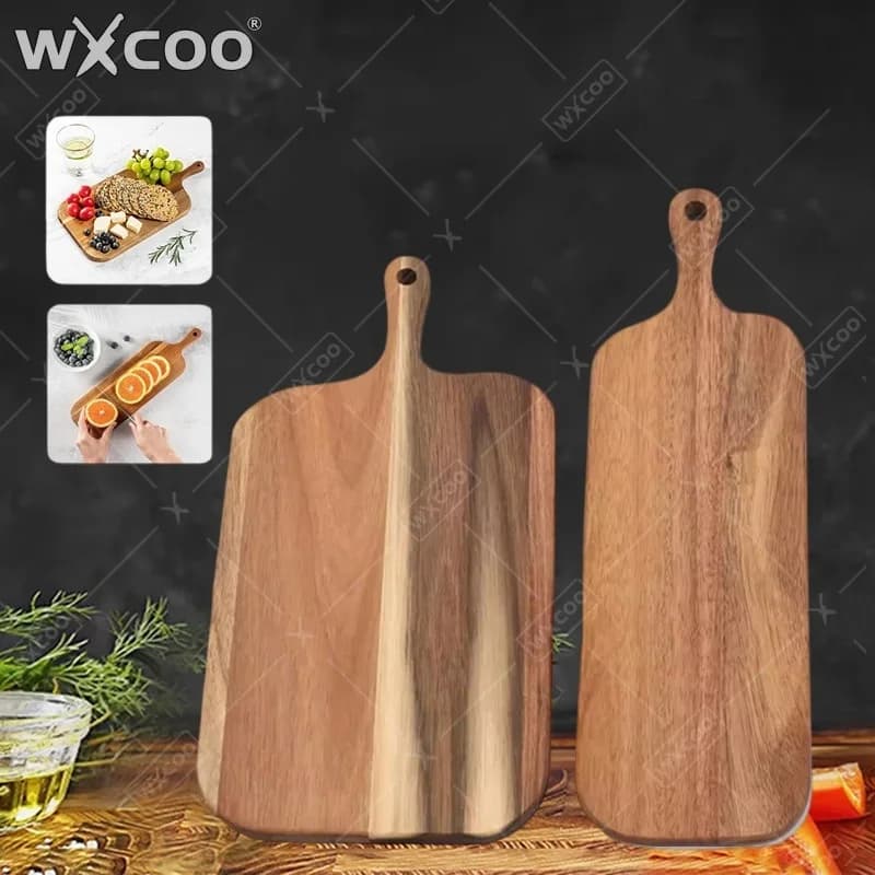 WXCOO Tagliere in legno di acacia con manico lungo Tavole da portata per uso domestico durevoli Charcuterie solida per tagliere per frutta e pane
