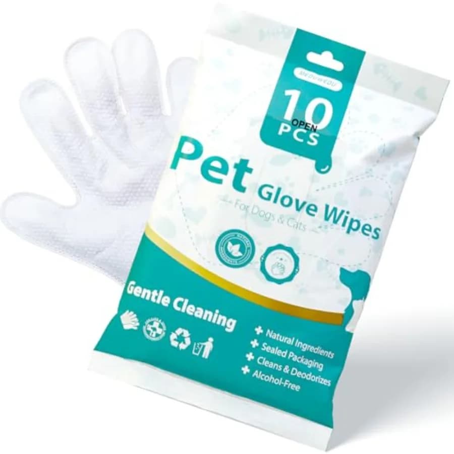 10 Guanti Salviette Senza Risciacquo per Animali Domestici, Design a 5 Dita, Olio di Cocco e Aloe, Ipoallergenici, per la Toelettatura di Cani e Gatti