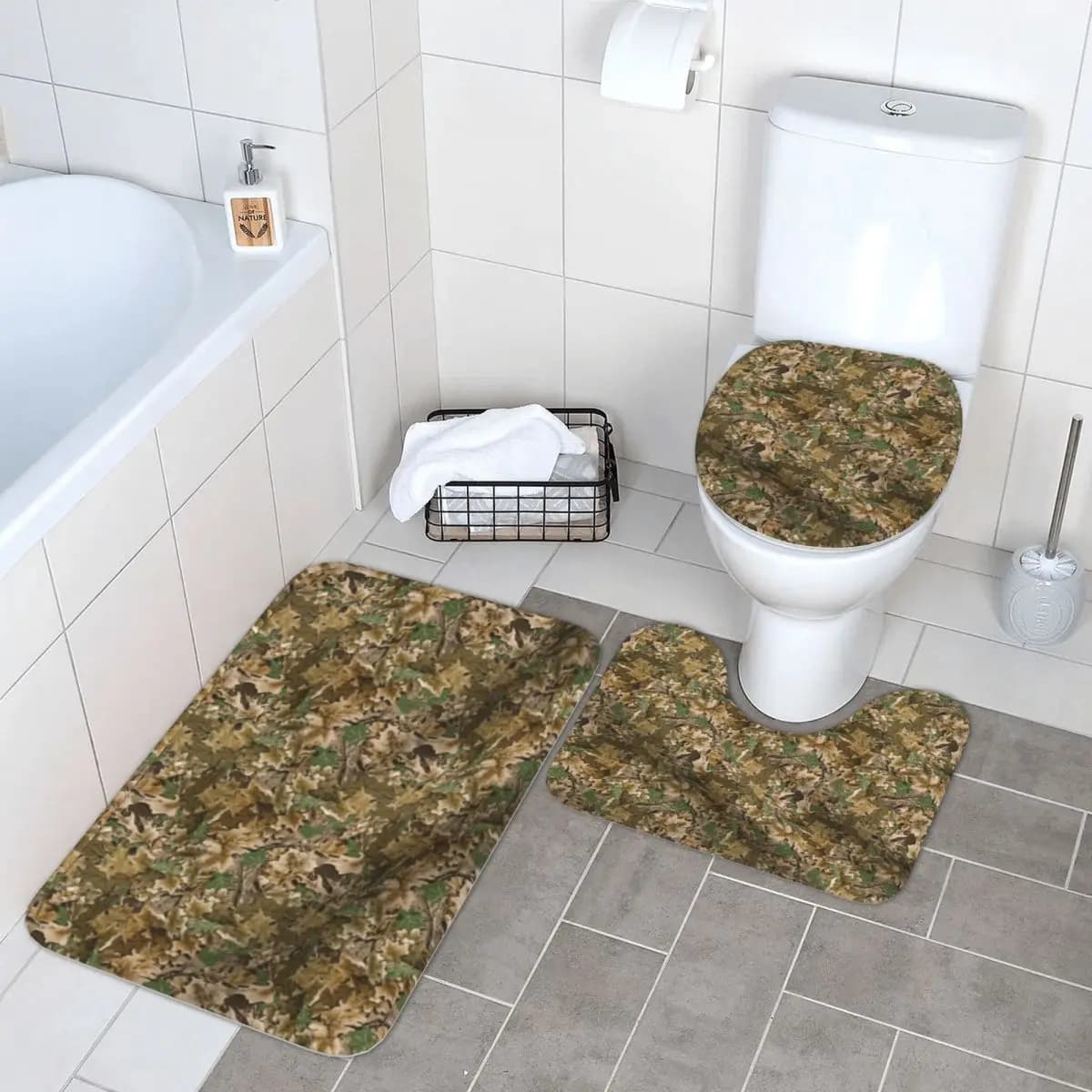 Real Tree (3) 3 Pcs Bath Mat Bathroom Set Toilet Lid Cover Home Decor Non-Slip Carpet Floor Rug