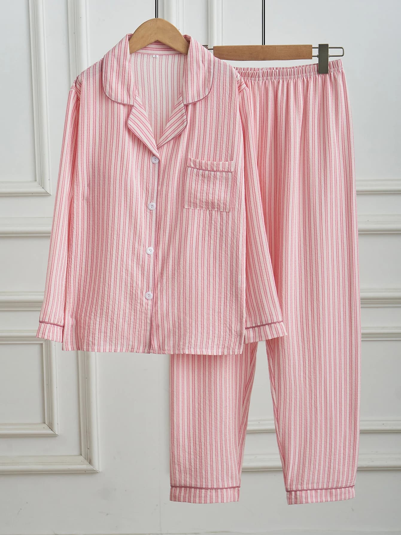 Women Pink Vertical Striped Pajamas Set Long Sleeve Button Down Shirt & Long Pants 2 Pieces Casual Soft Loungewear Sleepwear