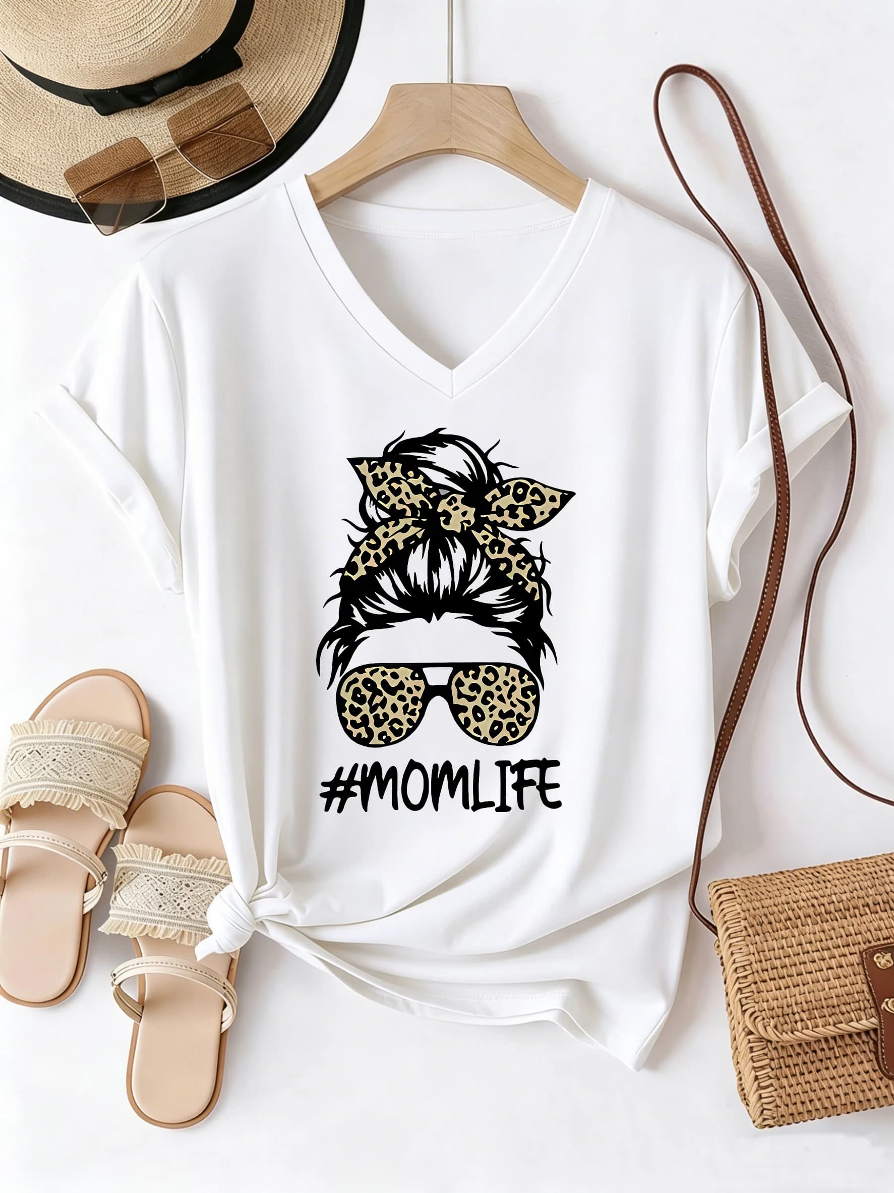 T-shirt Casual con Scollo a V, Stampa Leopardata 'MOM Life', Maglietta Estiva a Maniche Corte per Donne e Ragazze