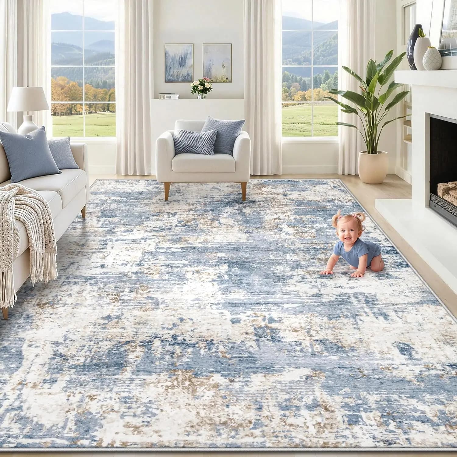 Tappeto Lavabile 8x10 per Soggiorno, Grande Tappeto Moderno Astratto, Morbido Antiscivolo, Resistente alle Macchie, per Camera da Letto, Stanza dei Bambini, Blu