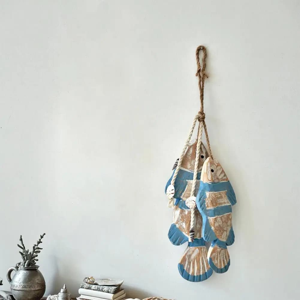 Ocean Inspired Wall Art Rustic Nautical Wooden Fish Wall Decor Coastal Beach Style Fish Ornament with Fishing Net Lake House