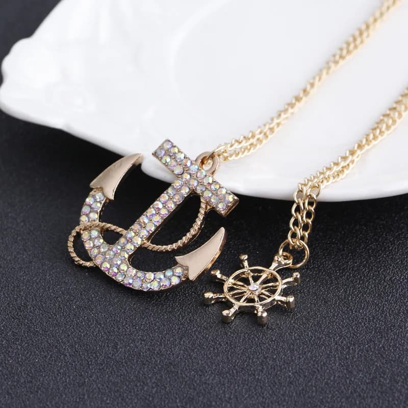 2Pcs Layered Anchor & Ship Wheel Pendant Necklace Set for Women Men, Gold Full Rhinestone Nautical Helm Anchor Thin Cable Chain, Ocean Sailor Couple Matching Jewelry Gift