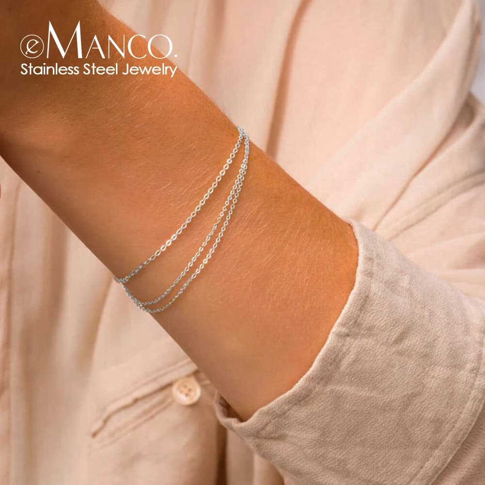 eManco moda semplice catena color argento braccialetto gioielli multistrato braccialetto a catena sottile signore catena in acciaio inossidabile all'ingrosso