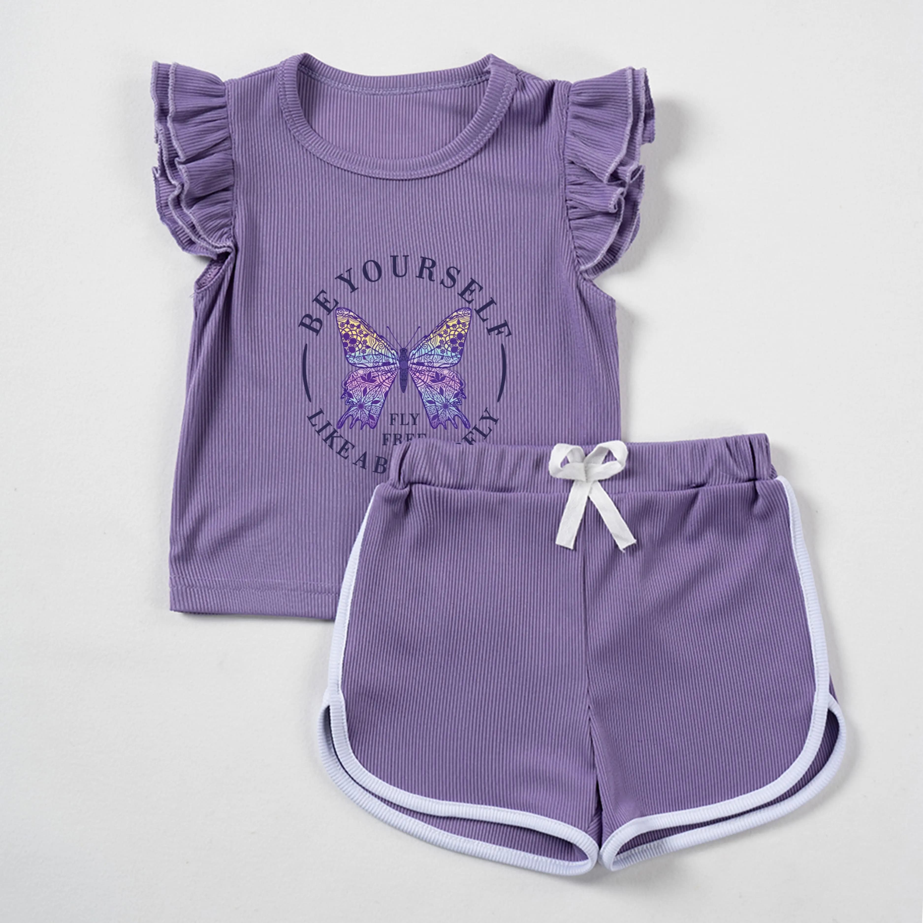 Set da bambina tinta unita carino farfalla stampa maniche corte arruffate + pantaloncini Set per abbigliamento quotidiano per bambini, abbigliamento da festa