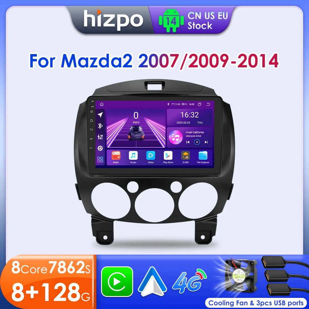 Hizpo AI Voice QLED Screen Smart Monitor For Mazda2 2007-2014 Car Radio Player Navigation 8+128G Bluetooth DSP 2DIN SWC 4G 7862