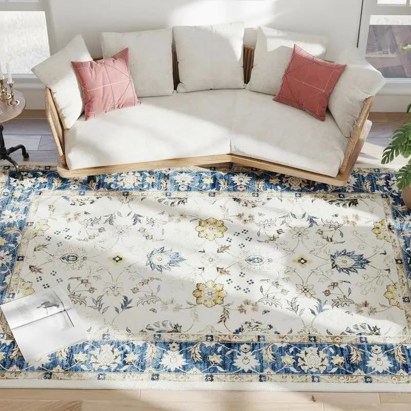 Tappeto Lavabile in Lavatrice 8x10, Antiscivolo con Stampa Floreale Boho per Soggiorno, Camera da Letto, Sala da Pranzo, Blu