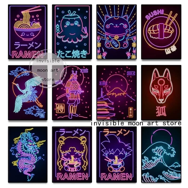Polpo giapponese al neon vibrante con mont Fuji Sakura Tree Ramen e Maneki Cat Art Poster Tela Pittura Stampa murale Immagine fo
