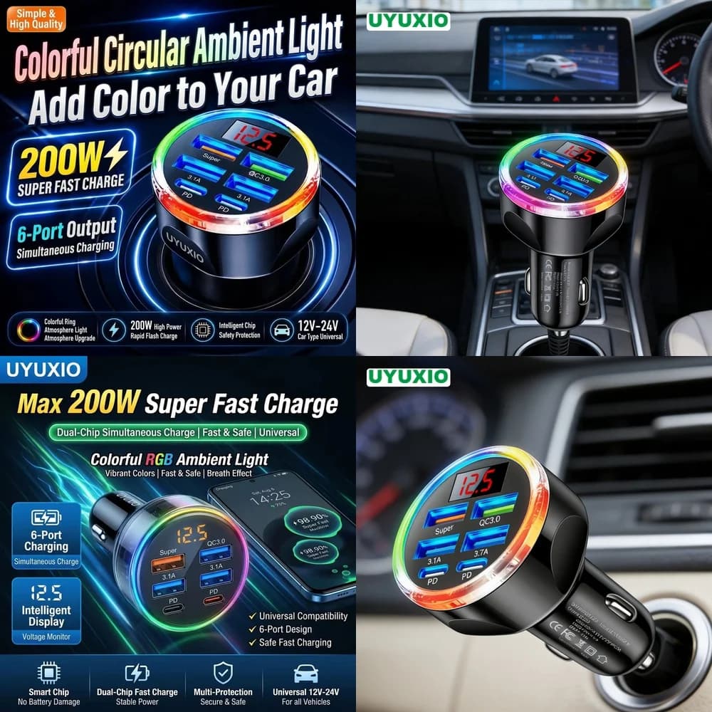 Multi USB C Car Charger Adapter Electronics Products for iPhone 18 17 16 Samsung S26 S25 S24 with Smart Fast Charging Hub