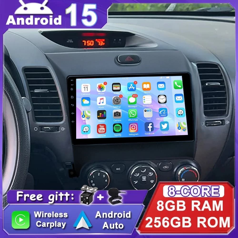 Autoradio Android 15 da 9 Pollici per Kia Cerato 3 K3 Forte 2013-2016 2017, Lettore Multimediale Video, Navigazione GPS, Carplay, WIFI+4G