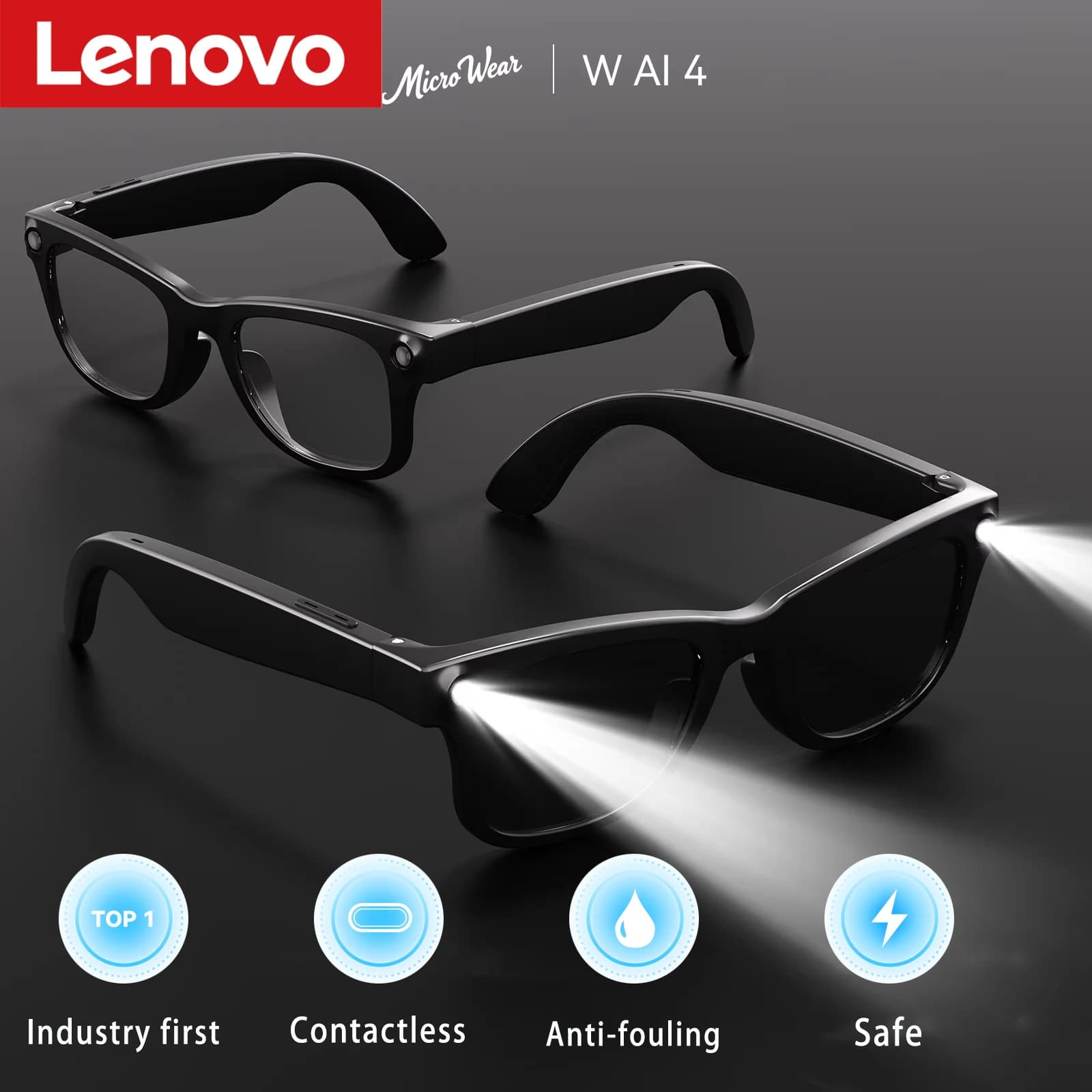 Lenovo Smart glasses With Flashlight High Brightness AI Translation Q&A Bluetooth Call Music Wireless Charging Outdoor Eyewear