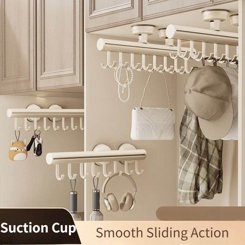 Suction Cup Mounted Pull Out Rack No-Drill Sliding Rail Hanger Hooks for Hats Underwear Camisoles Wall-Mounted Organizer Racks