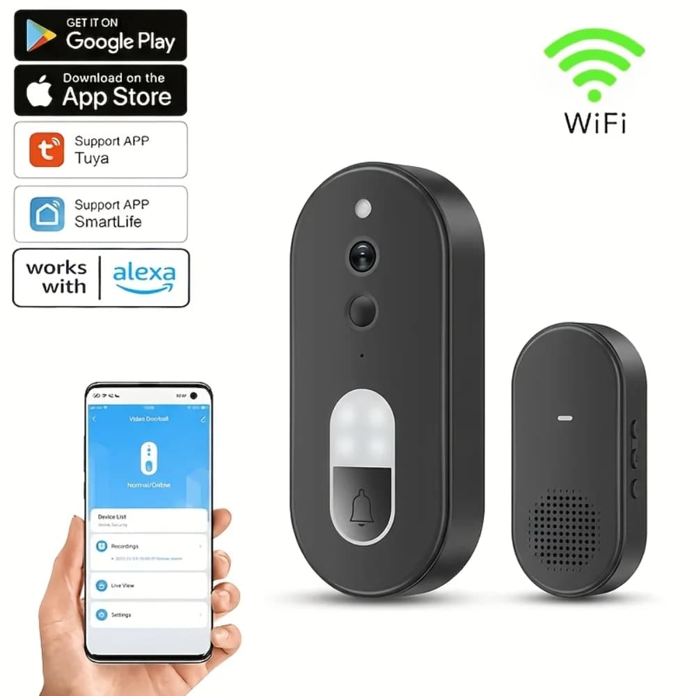 Tuya 1080P HD WiFi Video Doorbell, Two‑Way Audio, Motion Detection IR Night Vision, IP65 Waterproof Smart Home Security Camera