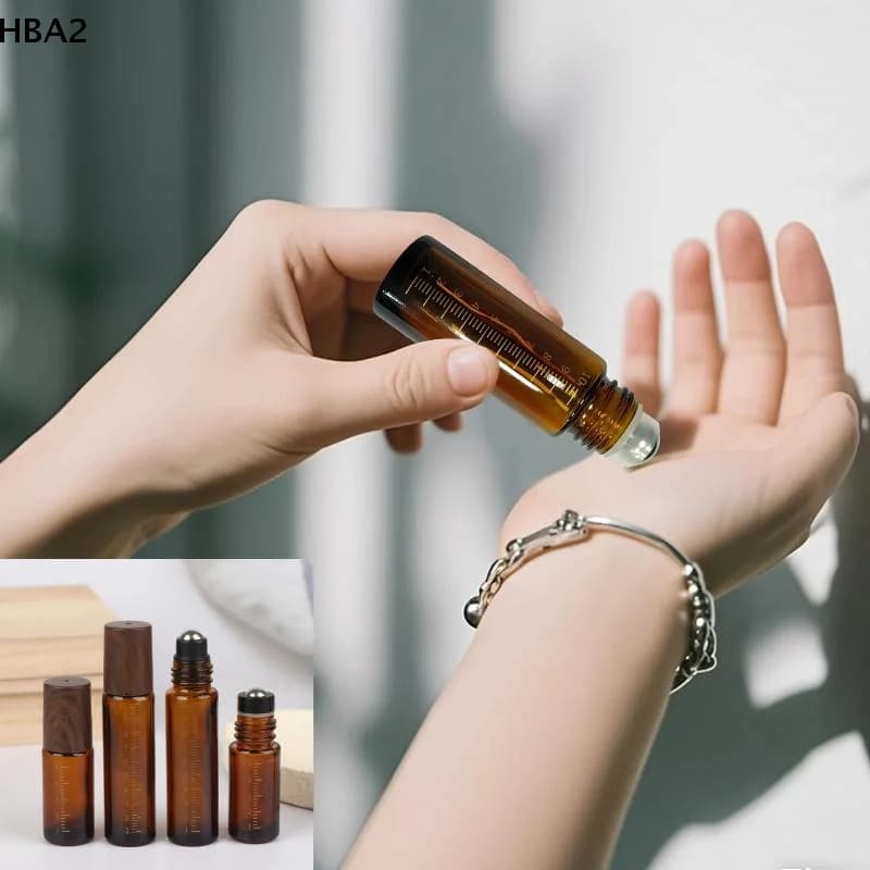 Flaconi Roll-On in Vetro Ambrato Trasparente da 5ml e 10ml con Tappo in Plastica Effetto Legno, Fiale con Sfera Roll-On per Oli Essenziali e Profumi