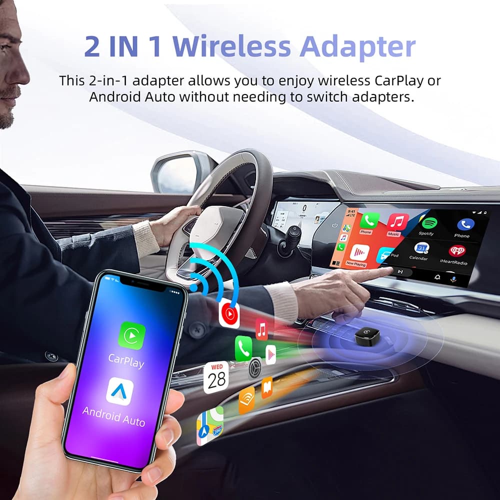Nuovo Adattatore 2026 2-in-1 Mini Box CarPlay da Cablato a Wireless, Android Auto Smart Box, Connessione Bluetooth Plug&Play per il 98% delle Auto
