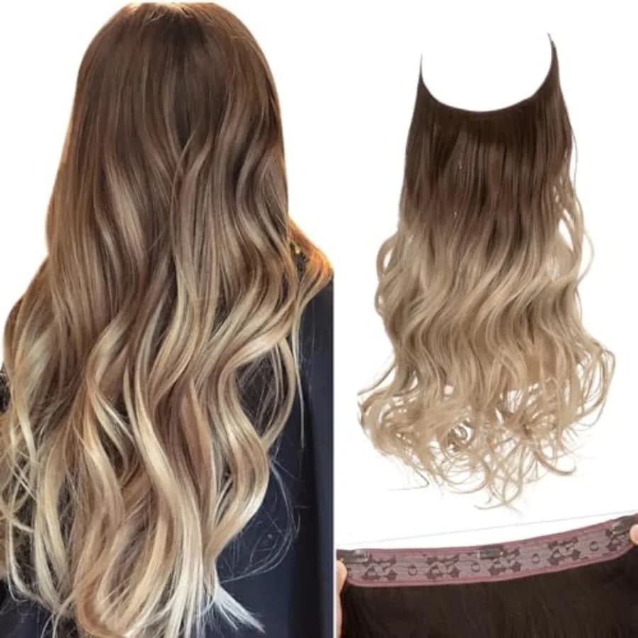 SARLA Ombre Invisible Wire Hair Extensions with 3 Clips Long Synthetic Wavy Curly Hairpiece Adjustable Transparent Headband for