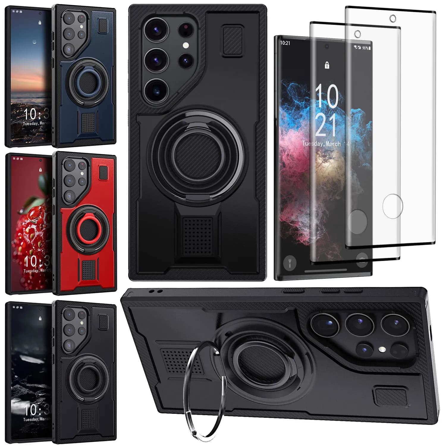 Per Samsung Per Galaxy S22 Ultra/S23 Ultra Custodia robusta ibrida Anello Supporto per cavalletto + 2 pezzi Proteggi schermo in vetro temperato trasparente