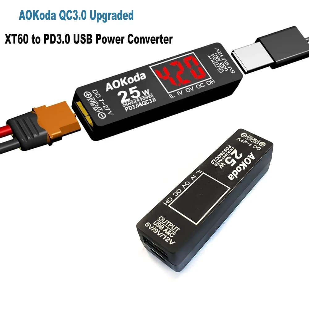 Power Converter Adapter AOKoda PD3.0 QC3.0 XT60, Quick Charger from Lipo Battery to USB