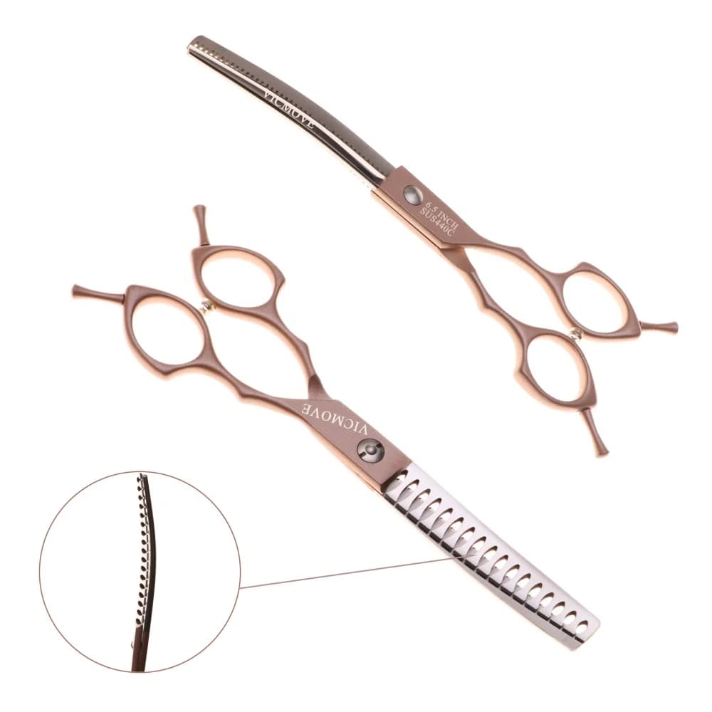 Forbici professionali curve in acciaio inossidabile per toelettatura animali (ambidestri) a forma di lisca di pesce e dentate