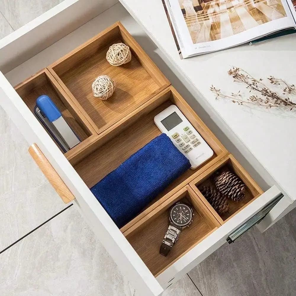 Drawer Organizer With Adjustable Wood 2 Drawer Dividers, Stackable Makeup Desk Junk Storage Boxes Container Trays With 7 Grid F