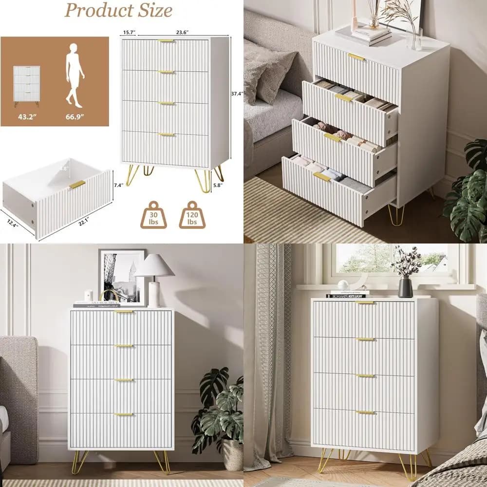 White Bedroom Furniture with Gold Metal Handles and Chests of Drawers