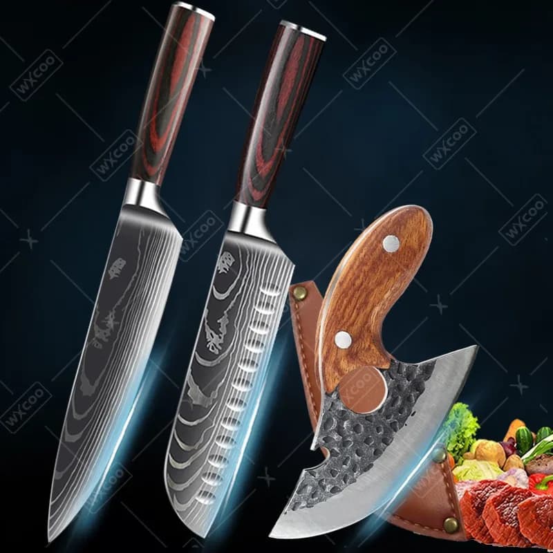 Set of 3 Kitchen Knives Forged in Hand, Stainless Steel Chef Knife, Scissors, Meat Knife, Vegetable Knife, Chicken Bone Knife, Japanese Style