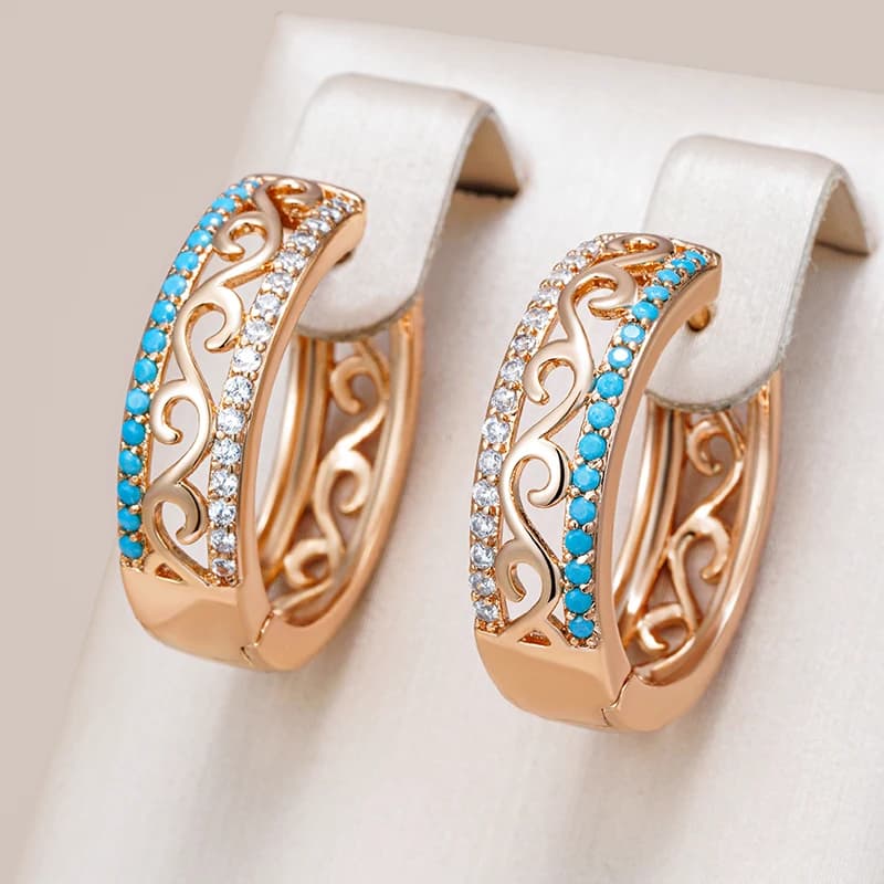 Kinel Insolito 585 Orecchini a cerchio grandi color oro rosa turchese per le donne Accessori zirconi naturali lucidi Gioielli quotidiani di lusso